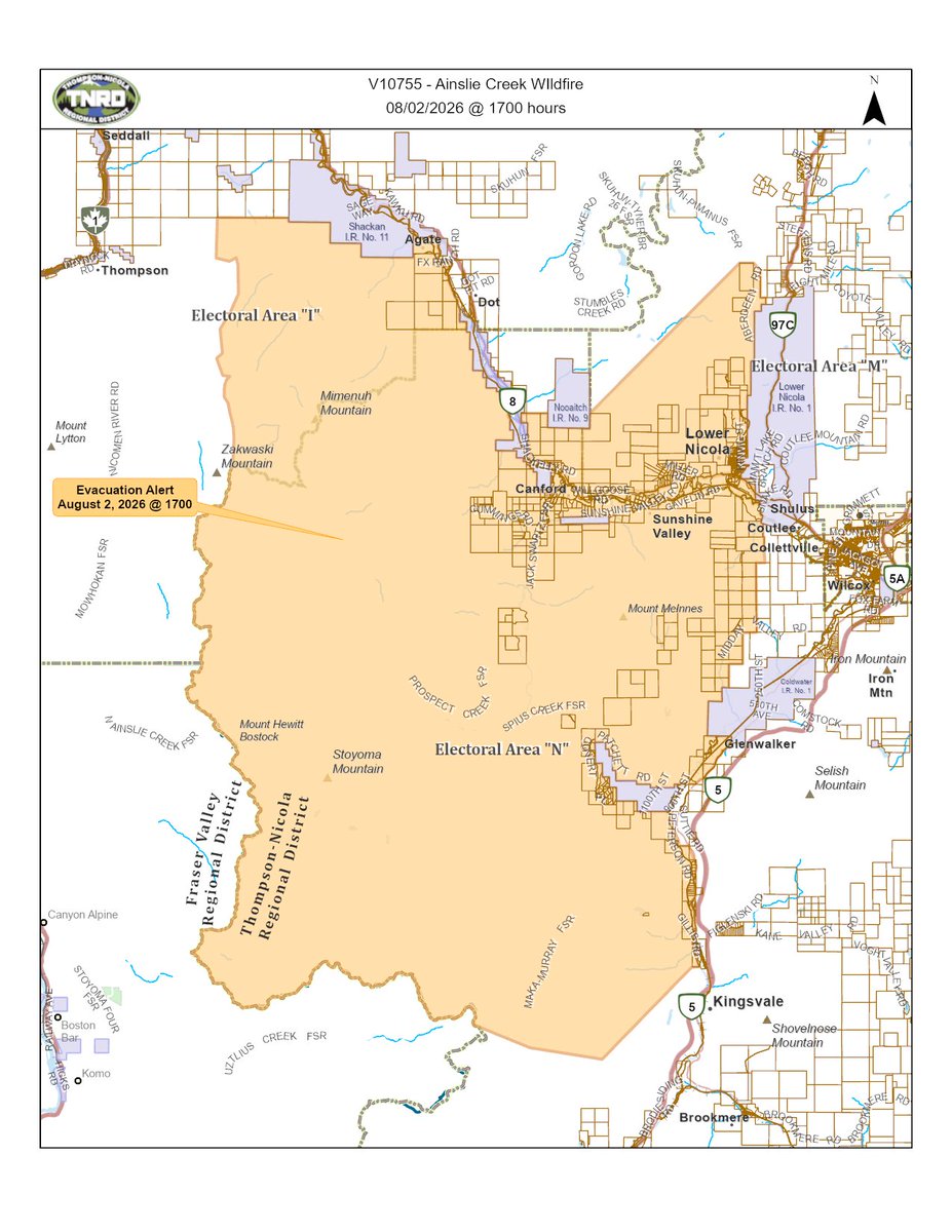 TNRD's tweet photo. The TNRD has downgraded an Evacuation Order for the area of west of Spius Creek to an Alert due to the Ainslie Creek Fire.   
There are approximately 708 properties in the Lower Nicola community remaining on Evacuation Alert.   
More info: https://t.co/7SCJhQiX5Y https://t.co/nwB80Dw0y0