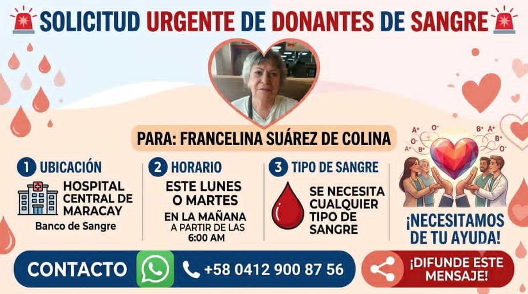 ElJamp__'s tweet photo. La abuela de una amiga necesita donantes de sangré, si alguien quiere ayudar en Maracay será grato.

Por favor difundir, muchas gracias https://t.co/6YCJkip6io
