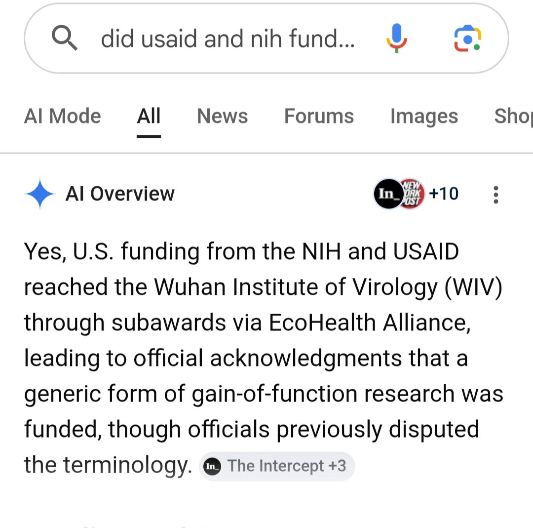 ChrisMo03512280's tweet photo. @jgharris7 @mtaibbi Even a Google search turns up USAID and NIH funding the wuhan labs research. https://t.co/i8WmZnvRS3
