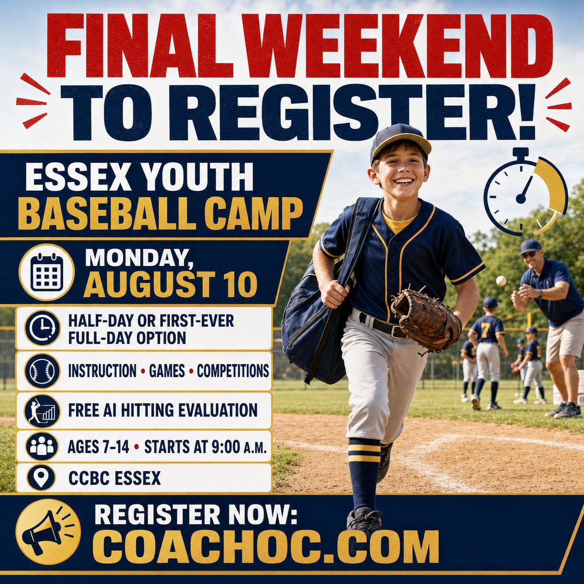 Coach_OC's tweet photo. FINAL WEEKEND TO REGISTER! 🚨⚾

The Essex Youth Baseball Camp is Monday, August 10!

✅ Half-day or first-ever full-day option
✅ Instruction, games and competitions
✅ FREE AI hitting evaluation
👦 Ages 7–14
⏰ Starts at 9 a.m.
Register: https://t.co/gHlFz99gn2 https://t.co/p8U3pWSQlH
