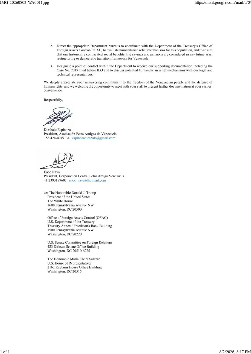 BlancoRond71635's tweet photo. Dear Secretary @SecRubio @marcorubio My name is Heriberto Blanco, one of the  ~23,000 former PDVSA victims described on the letter from  @petroamigosvzla @realDonaldTrump
@POTUS @USTreasury @SenateForeign @RepMariaSalazar @SenTimKaine @SenRickScott @SecKennedy @RepCarlos @MarioDB https://t.co/wBlzj9HZgy