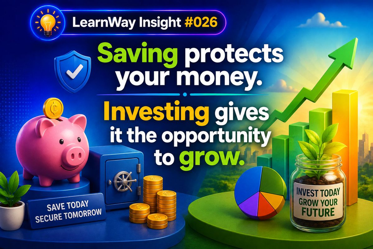 LearnwayApp's tweet photo. 💡 LearnWay Insight #026

Saving protects your money. Investing gives it the opportunity to grow.

Saving is essential.

It helps you prepare for emergencies and short term goals.

But over the long term, simply saving may not be enough to build wealth.

Investing allows your money to work alongside you.

The earlier you start, the more time your investments have to grow through the power of compounding.

You don’t need a fortune to begin.

You need knowledge, patience and consistency.

The goal isn’t to get rich overnight.

It’s to make steady decisions that build a stronger financial future.

#LearnWay #LearnWayInsights #FinancialLiteracy #Investing #WealthBuilding #PersonalFinance #FinancialEducation #Africa