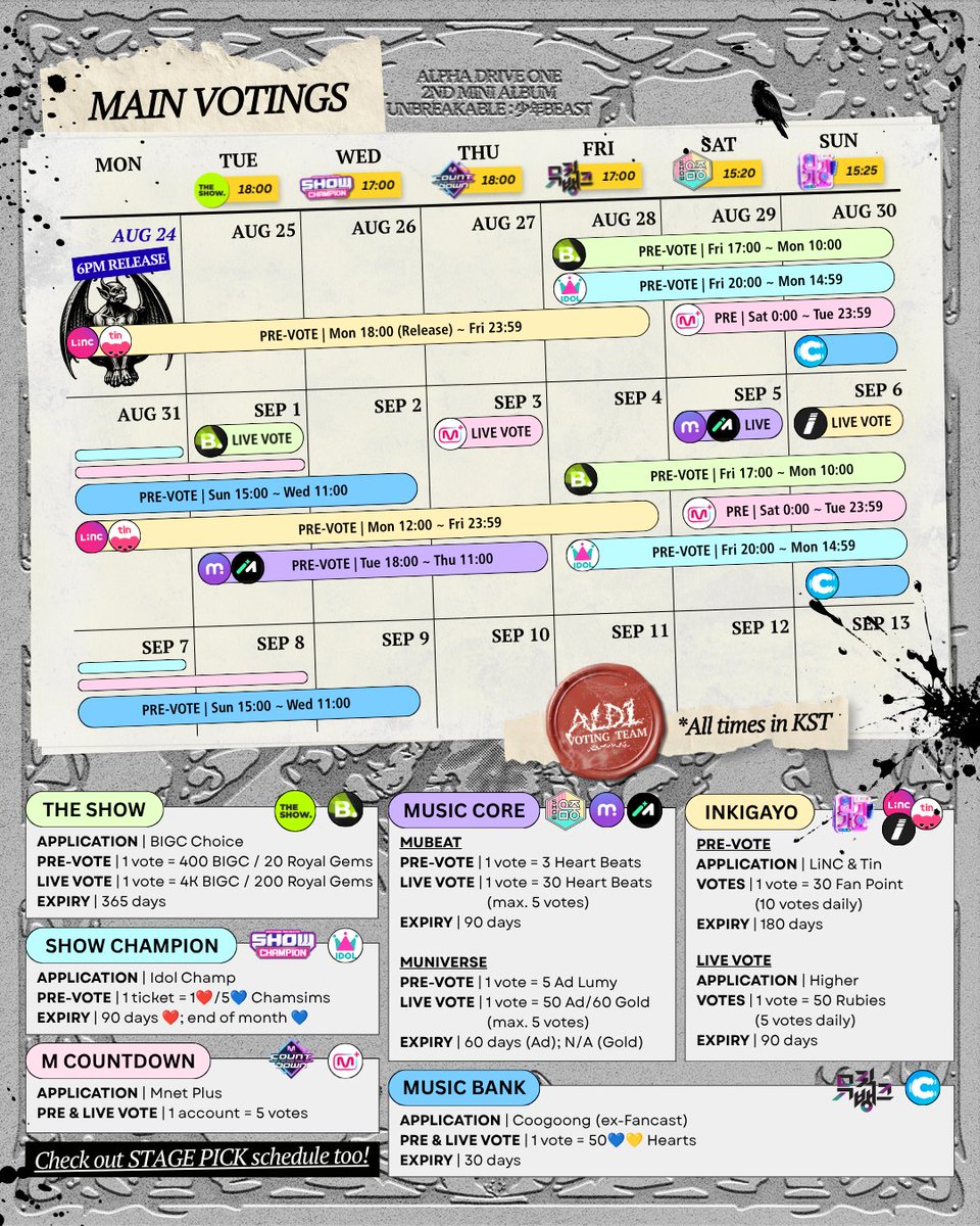 ALD1VOTINGTEAM's tweet photo. [📢] ‘UNBREAKABLE : 少年BEAST’ COMEBACK VOTING SCHEDULE

ONLY 3 WEEKS LEFT TO RELEASE. The competition will be tough, but when has that ever stopped us?
Come take a look at our voting schedule. #ALLYZFuelTheBeast ⛽️🐺 

📆 Music show first week tracking periods:
• Aug 22 (Sat) - Aug 28 (Fri) — The Show
• Aug 24 (Mon) - Aug 30 (Sun)  — Show Champion, M Countdown, Music Bank
• Aug 24 (Mon) -Aug 31 (Mon) — Music Core, Inkigayo

🌐  Voting schedule guides are available in English, Korean, Mandarin Chinese, Indonesian, and Vietnamese. You are welcome to translate our graphics to other languages and share the link with us via DM so we can reach more Global ALLYZ (Canva link: https://t.co/xDlQrjM2aY).

START YOUR ENGINES, AWAKEN THE BEAST. 
LET'S GIVE OUR ALL FOR ALD1. 🏁🐺🏎️🔥

#ALD1 #ALPHADRIVEONE
#알파드라이브원