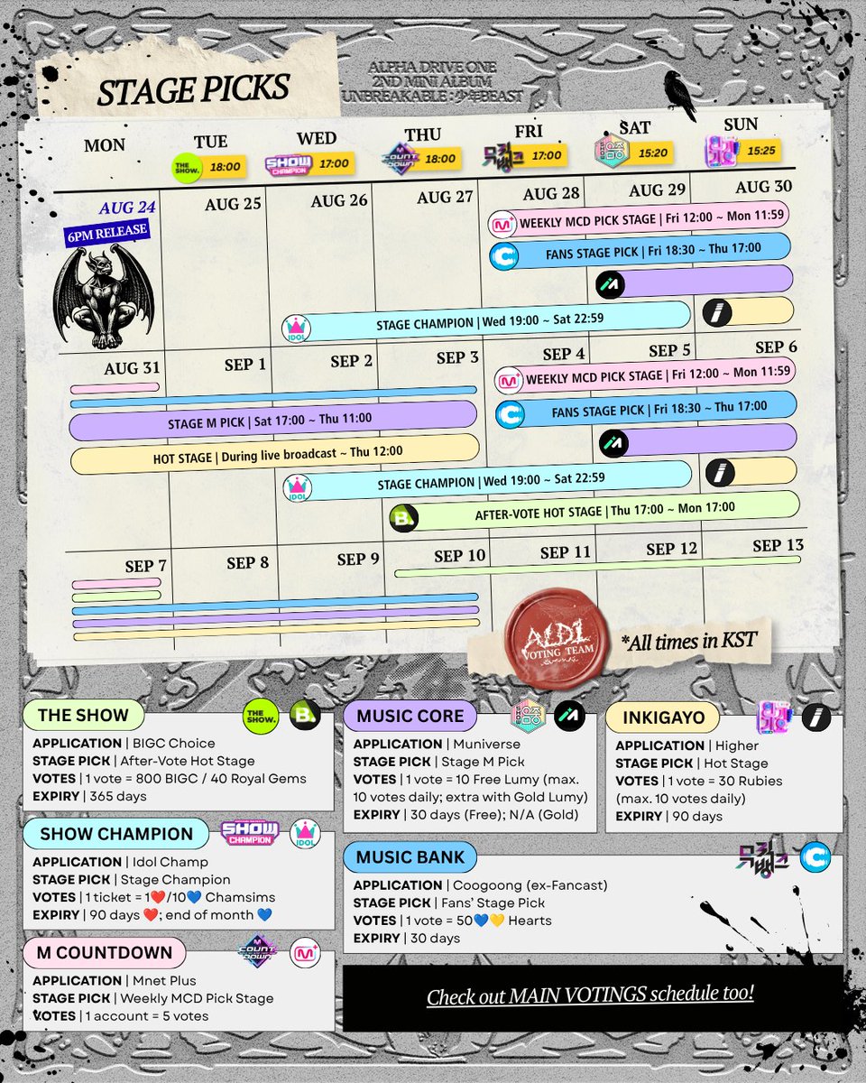 ALD1VOTINGTEAM's tweet photo. [📢] ‘UNBREAKABLE : 少年BEAST’ COMEBACK VOTING SCHEDULE

ONLY 3 WEEKS LEFT TO RELEASE. The competition will be tough, but when has that ever stopped us?
Come take a look at our voting schedule. #ALLYZFuelTheBeast ⛽️🐺 

📆 Music show first week tracking periods:
• Aug 22 (Sat) - Aug 28 (Fri) — The Show
• Aug 24 (Mon) - Aug 30 (Sun)  — Show Champion, M Countdown, Music Bank
• Aug 24 (Mon) -Aug 31 (Mon) — Music Core, Inkigayo

🌐  Voting schedule guides are available in English, Korean, Mandarin Chinese, Indonesian, and Vietnamese. You are welcome to translate our graphics to other languages and share the link with us via DM so we can reach more Global ALLYZ (Canva link: https://t.co/xDlQrjM2aY).

START YOUR ENGINES, AWAKEN THE BEAST. 
LET'S GIVE OUR ALL FOR ALD1. 🏁🐺🏎️🔥

#ALD1 #ALPHADRIVEONE
#알파드라이브원