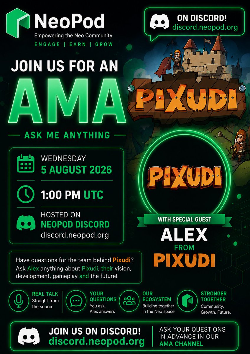 neopodorg's tweet photo. NEXT AMA!!!! Join us for an awesome #NeoPod AMA with Alex from @thepixudi 
We snuck this in on short notice! 
Get to know Alex and Pixudi, hear about his history, vision, what’s coming next, and learn about Pixudi and what's in store! 
🗓️ 5 August 2026 🗓️
🕐 1PM UTC 🕐
📍 https://t.co/klwTH4lQXt 📍 
#Neo #NeoPod #AMA #Pixudi #Gaming #NFT