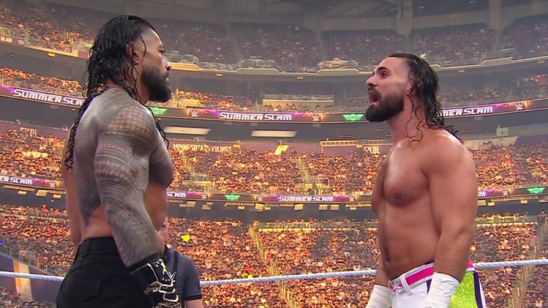 WrestlePurists's tweet photo. Michael Cole during Roman Reigns’ entrance:

“It is interesting that the infamous steel chair delivered to Roman Reigns 12 years ago that would dissolve one of the great groups in WWE history known as The Shield would actually lead to the birth of two of the greatest singles competitors of the last decade in WWE.

Seth Rollins and Roman Reigns have become pioneers of this era. They never left WWE. They got us to where we are today.”

#SummerSlam