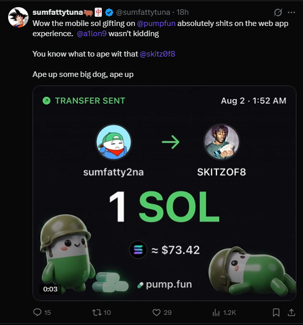 sumfattytuna's tweet photo. Yeah there is a big difference between REWARDING members of the solana:9cRCn9rGT8V2imeM2BaKs13yhMEais3ruM3rPvTGpump community or STEALING from them

Which is why yesterday I sent everyone who was chilling in the Stream room @Solana on their @Pumpfun account.  

That way no one would take any risk and we could still have fun on chain.

The easiest way to market your project via the solana:9cRCn9rGT8V2imeM2BaKs13yhMEais3ruM3rPvTGpump community is to align with the black bull movement, not to steal from it.  

This is why @blknoiz06 loves projects who airdrop solana:9cRCn9rGT8V2imeM2BaKs13yhMEais3ruM3rPvTGpump holders using tools like the one @nicodotfun made.  

This is the blockchain, and its 2026, its probably the easiest place in the world to verifiably prove value on chain.  I spent like $300+ dollars out of my own pocket yesterday to reward 
@Oxjohnnny 
@Coco_d6
@aman_xbt
@Dodoria_mine
@zezzzx8
@Layiszn 
@studynakamoto 
@manuelee04 
@DragonmasterETH 

As you guys know I am working on the solana:Dm8g1s9t28bynXtGizmCTrJkWHk3UrriwRX2QChRpump CTO long term and will make sure that I continue to reward bag workers in ways that I can to align and support the $Ansem movement.

After I beganthe solana:Dm8g1s9t28bynXtGizmCTrJkWHk3UrriwRX2QChRpump CTO, @Oxjohnnny wanted to run the $Raditz CTO, and so I am contributing to the cause in a better way and teach people how to build a sustainable project and community.

@notoriousFARMER another great CTO lead is working on $Farmer which is actually a really great meme that perfectly fits him.  Farmer wit shotgun is essentially the Tom Bombadil of the dbz universe and is often considered by fans to be the most powerful being in the universe, or the worst.

If you're looking for a place to trade microcaps or get added to any of the CTO group chats, just reach out to anyone from this post!

Its tough paying out people out of my own minimal trading profits, but I know that longterm it will pay off.  The reason this strategy of giving out solana to bag workers, then having them ape, is it helps build our social graph as we all use different apps like @Pumpfun or @fomo to build an onchain army that makes the $Ansem community more powerful, high alpha traders on chain.

If you'd like to join the $wit trading guild on a more serious level and get funded to trade wit us, screenshot your @fomo, ur @Pumpfun or ur @BullpenFi account
(the more platforms the better, any relevant social media as well, and bonus points for people who use my ref codes below)
below alongside associated wallet address, and why you should be accepted into our guild