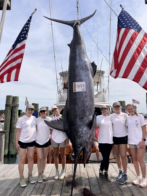 Group of six people in white shirts posing beside a large marlin hanging from a dock with two American flags in the background.