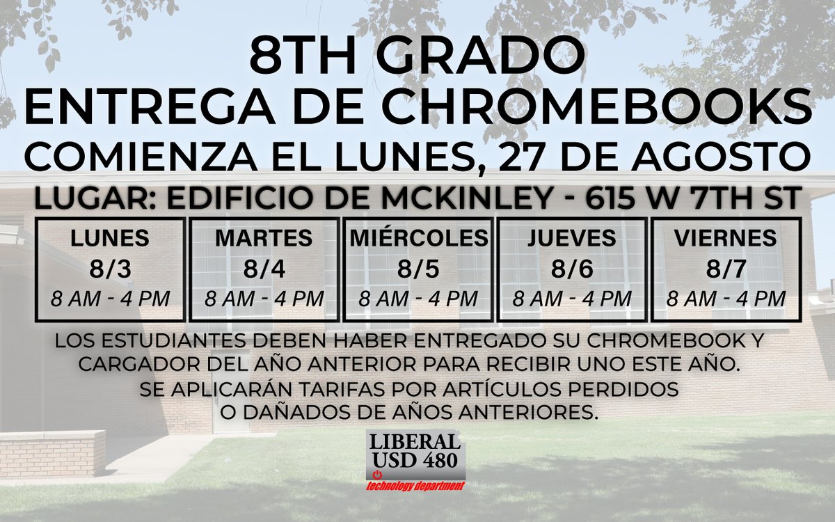 USD480's tweet photo. 8th Grade Chromebook Checkout is all this week from 8 AM to 4 PM at the McKinley Building. Use the South door just West of the Newcomers Center.

Also, if you missed Chromebook Checkout for any other grade, you can stop by McKinley any day this week to pick up your Chromebook. https://t.co/TD4BCD9XTM