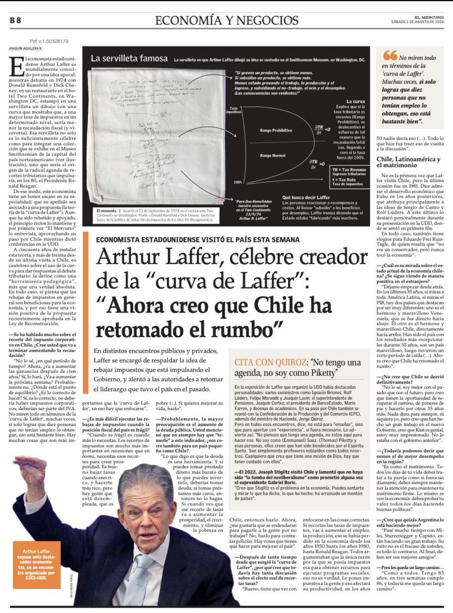 PORTHUSTEGUY's tweet photo. El creador de la “curva de Laffer” nos tira flores: “Ahora creo que Chile ha retomado el rumbo”. https://t.co/o7JwH0Kzss