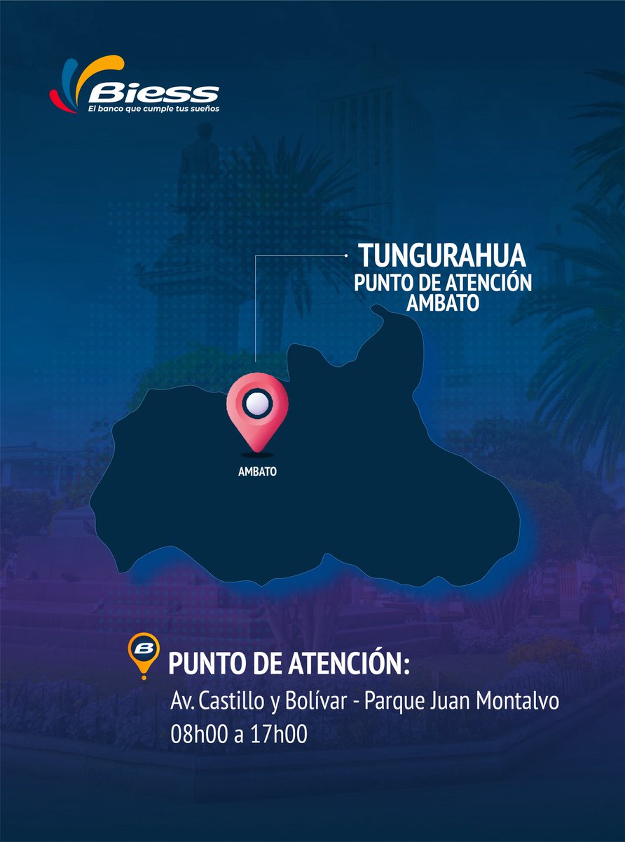 BiessEcuador's tweet photo. En #Tungurahua también estamos para atenderte 🤝

Acércate a nuestro punto de atención en #Ambato y recibe asesoría sobre nuestros servicios. 

⌚️ Horario: 08h00 - 17h00

#BIESSATuServicio https://t.co/ygrE7eFILw