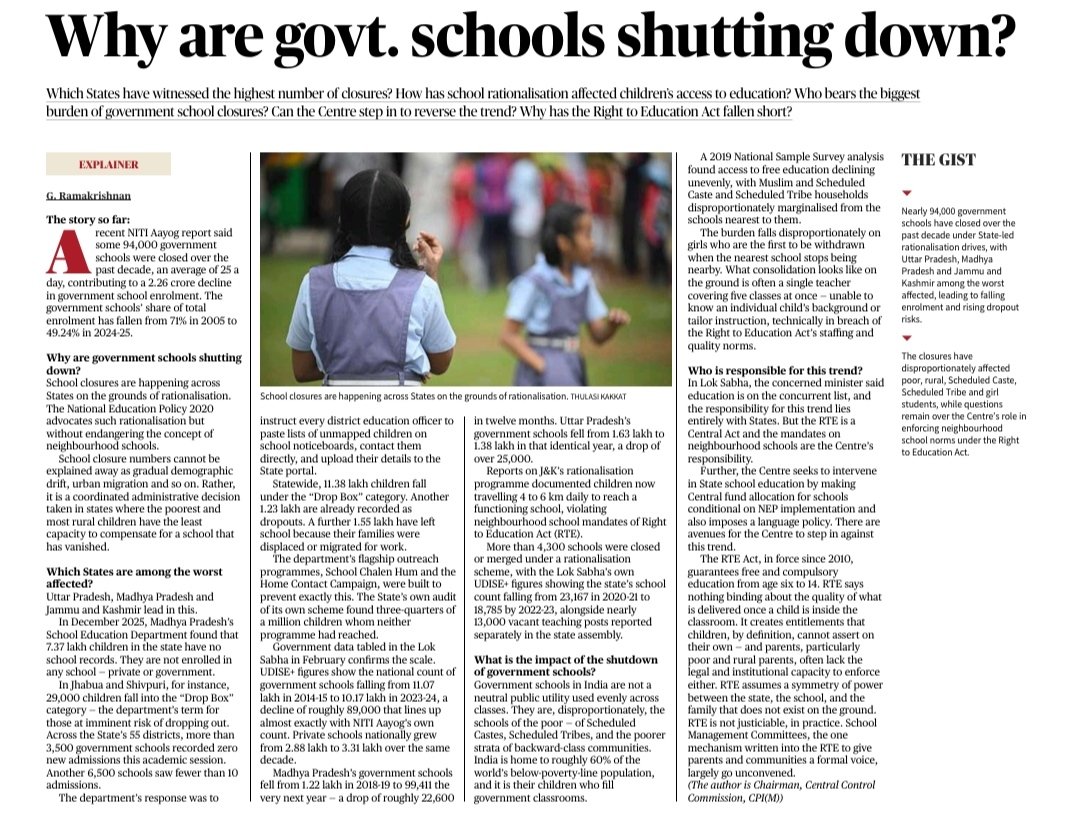 free_upsc's tweet photo. Why are government schools shutting down? ( Source The Hindu ) https://t.co/ABZF3pPYZv