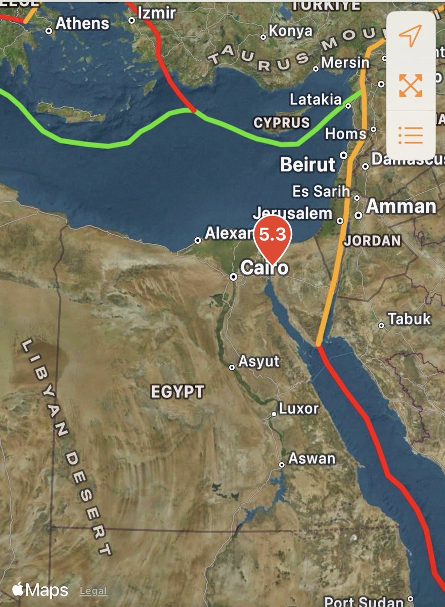 SeismoTracker's tweet photo. #Earthquake Breaking News 

A magnitude 5.3 earthquake has struck 41 Km / 25.4 Miles NNE of Suez, #Egypt 

Magnitude: 5.3 
Epicenter Location: 30.321°N 32.679°E
Time: 2026-08-03 00:00:33 UTC
Depth: 10.0 Km ( 6.2 Mi) https://t.co/gmlc4obEVq