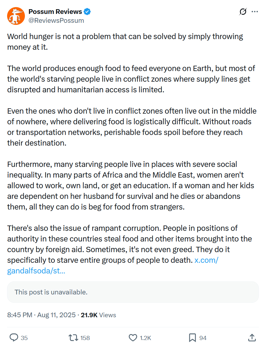 ReviewsPossum's tweet photo. The idea that all of the world's problems can be solved by simply throwing (other people's) money at them obfuscates the real causes and ensures those problems will never be solved. https://t.co/YtR5MEsZv2