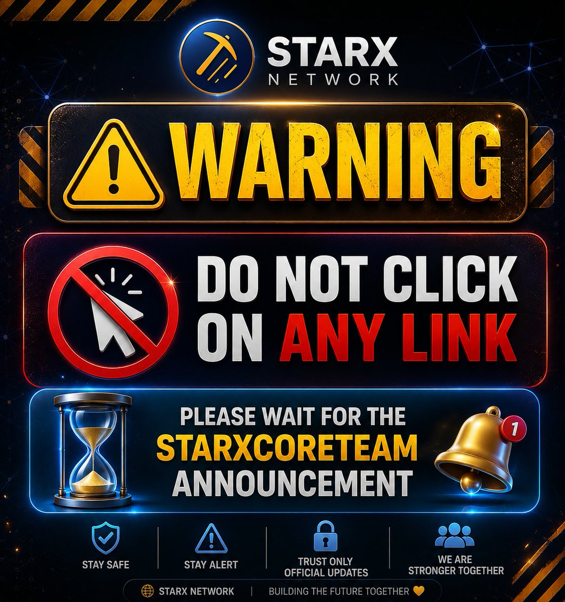 Itxzain189911's tweet photo. 🚨 WARNING TO ALL STARX MINERS 🚨

Do NOT click on any unknown links claiming STARX presale, airdrops, or early access.

Your security comes first. Stay patient, stay safe, and always verify before taking any action.

#STARX #STRX #Crypto #Web3 #Airdrop #ScamAlert #StarXNetwork https://t.co/GuCj0G1UCi
