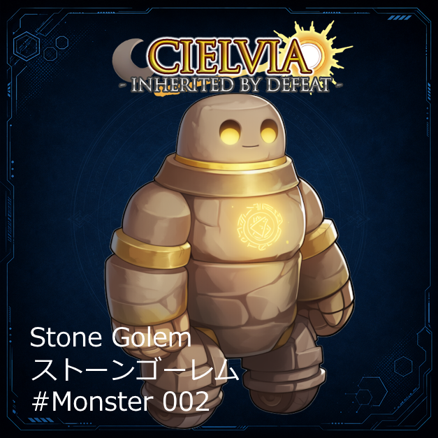 MomomoGameWorks's tweet photo. ストーンゴーレム（Stone Golem）

分類：魔導構造体

かつて施設の警備や重作業を目的として製造された魔導兵器。
命令に従って活動するよう設計されていたが、施設崩壊後は制御を失い、現在では本能のまま侵入者を排除し続けている。

その怪力から繰り出される一撃は非常に危険であり、さらに体内の岩石を砕いて放つ「ストーンバースト」は、周囲へ無数の石片を撒き散らす強力な攻撃である。
#Cielvia #ゲーム開発