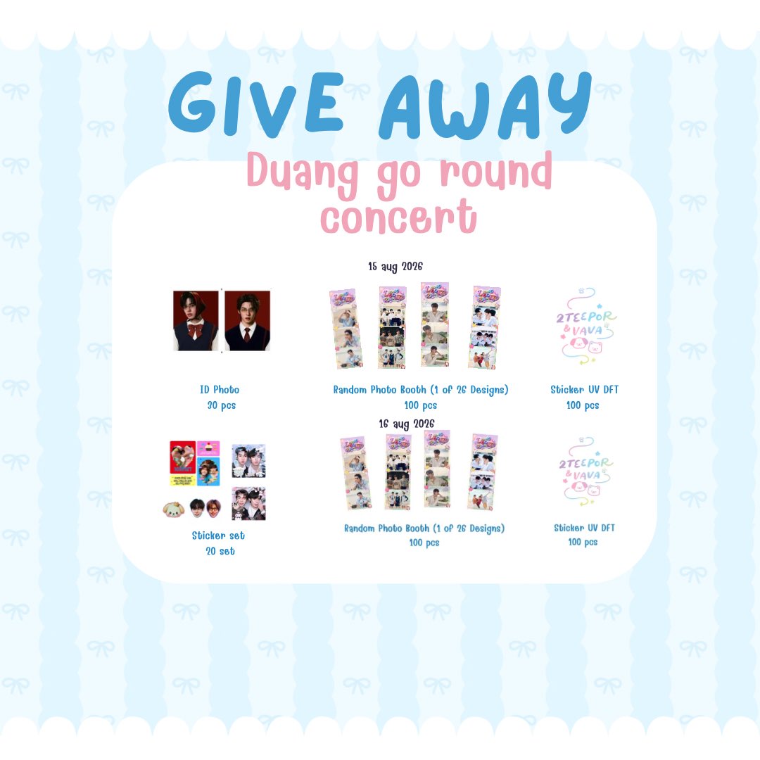 bbybunniie_'s tweet photo. pls kindly RT 🙇🏻‍♀️

Final Giveaway 🎠🌈🫶🏻

💜15.08.26 - ID Photo 
                        - Mini Photo Booth random 
                        - Sticker UV

🩵16.08.26 - Sticker Set
                        - Mini Photo Booth random 
                        - Sticker UV

📍 IMPACT Arena
⏰ Time: TBA

See you at the concert! 🫶🏻🌟

#DuangGoRoundConcert
#เจอด้วงที่อิมแพคนะเธอ
#twnpich
#porsuppakarn
#teeteepor
