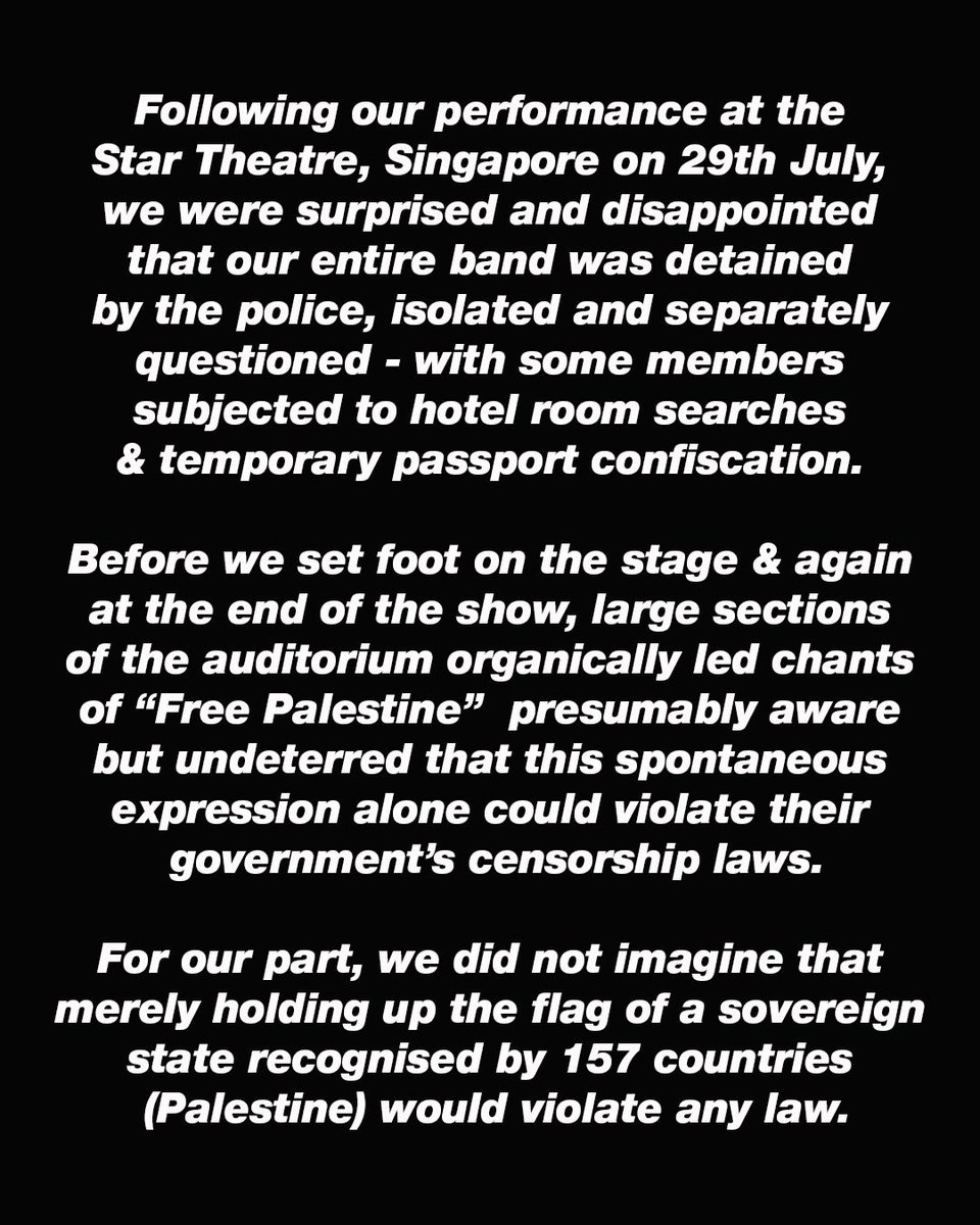 FlyFM958's tweet photo. British band Massive Attack has shared an official statement after Singapore banned the group from performing in the country over the display of a Palestinian flag during a concert. The band said they were “surprised and disappointed” by the decision and stood by their actions. https://t.co/oyR4mwtEjY