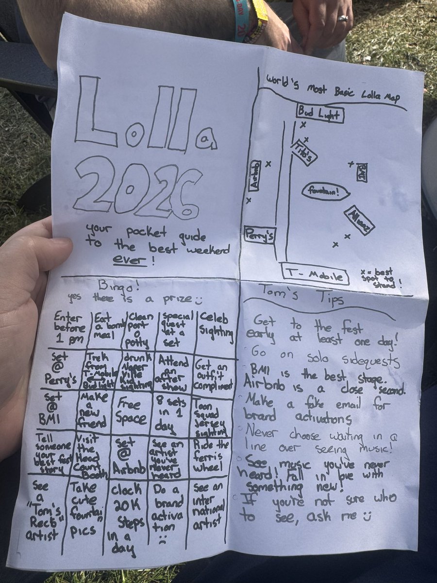 talia's tweet photo. Operation find Tom who made this incredible recommendation sheet at Lollapalooza this year!! https://t.co/DnJzKMwPDu