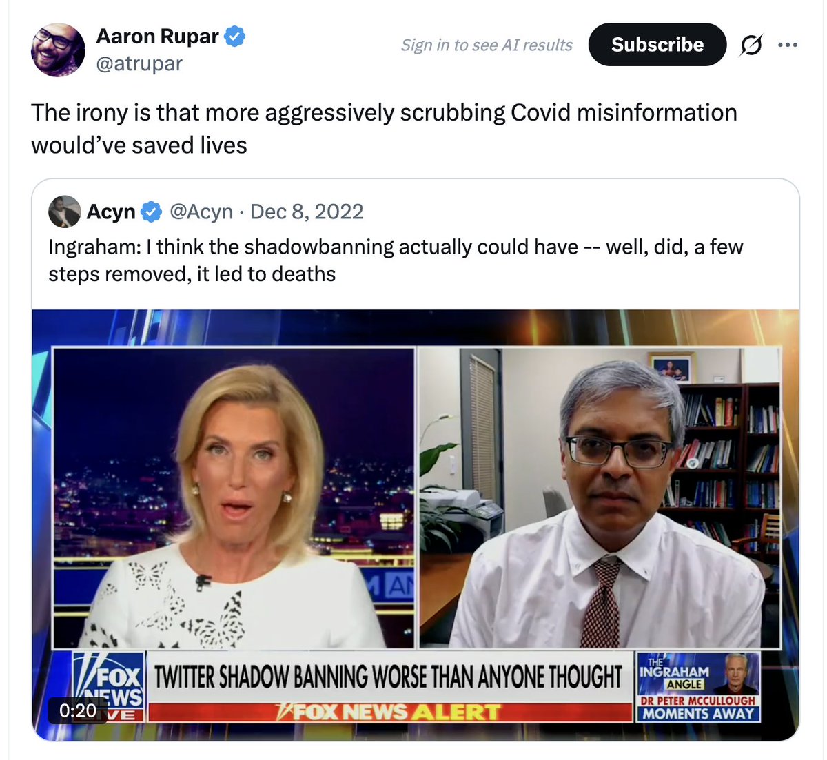 mtaibbi's tweet photo. Aaron, this is you cheering the shadowbanning of @DrJBhattacharya, whose research identified the correct Covid mortality rate. Meanwhile, your icon Fauci privately knew the correct rate in January 2020, but lied to Congress, telling them it was massively higher.

You should sit out any "Covid misinformation" discussion.