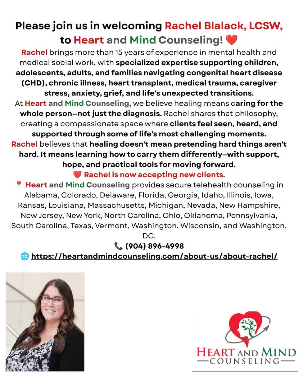 HeartandMindCo1's tweet photo. 💙 Please join us in welcoming Rachel Blalack, LCSW!

Now accepting new clients with expertise in CHD, chronic illness, medical trauma, heart transplant, and caregiver support.

https://t.co/3wOK2D8Ey9

#MentalHealth #ChronicIllness #MedicalTrauma https://t.co/NTqrmGAsZH