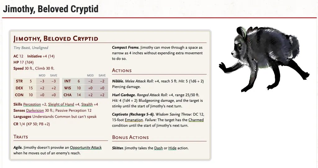 manifestingdiva's tweet photo. Jimothy is officially part of Dungeons &amp; Dragons.

Wizards of the Coast has added Jimothy, Beloved Cryptid to D&amp;D Beyond, inspired by the viral Seattle raccoon with short spine syndrome.

the culture keeps compounding. https://t.co/SOi93hJyU9
