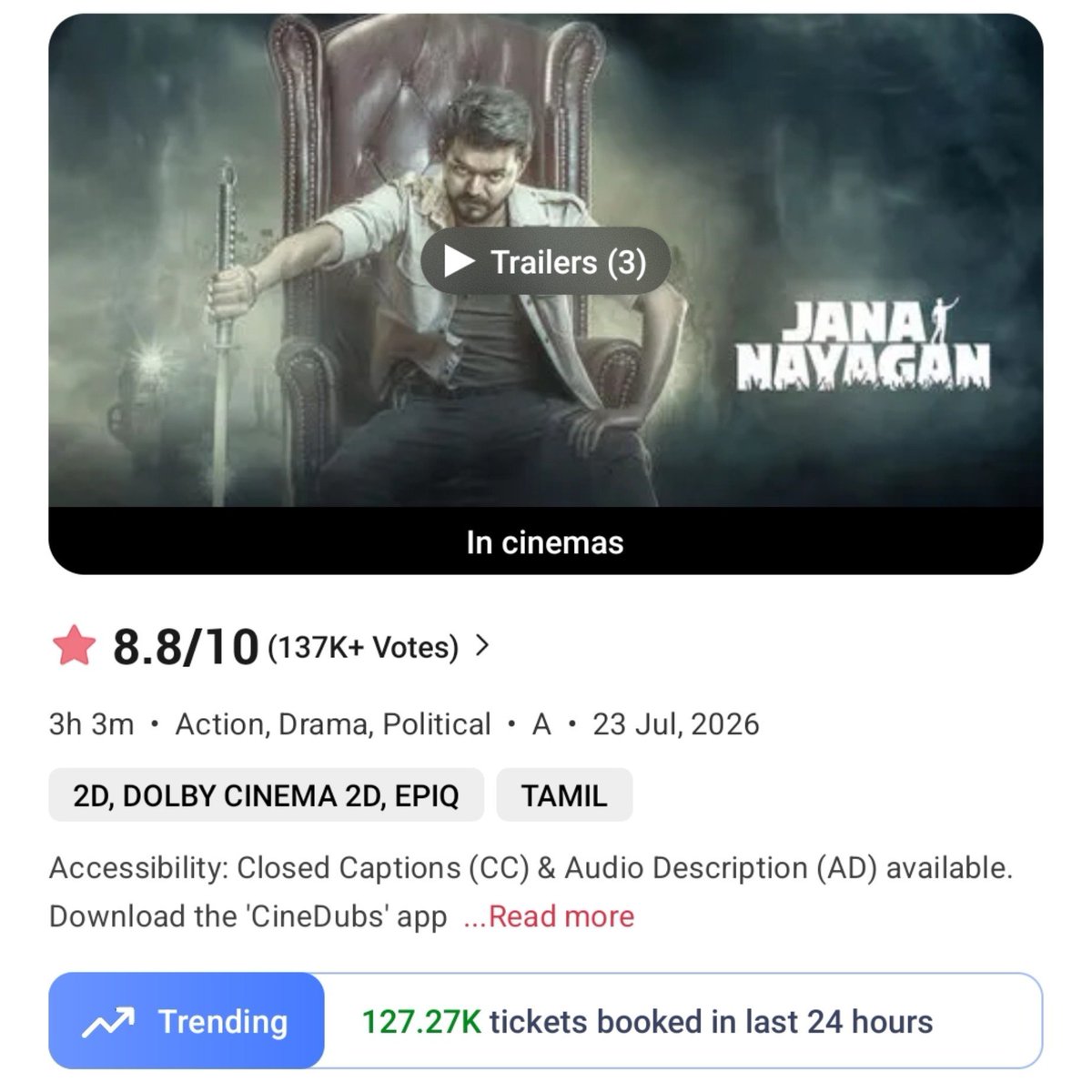 filmy_view's tweet photo. #JanaNayagan 
Tickets booked on BookMyShow 

Pre Sales- 1.18M
1st Ext. Week- 2.43M

2nd Fri- 123.92K
2nd Sat- 180.67K
2nd Sun- 141.99K
————————
Total- 40,60,850 https://t.co/aYJti6PKG7