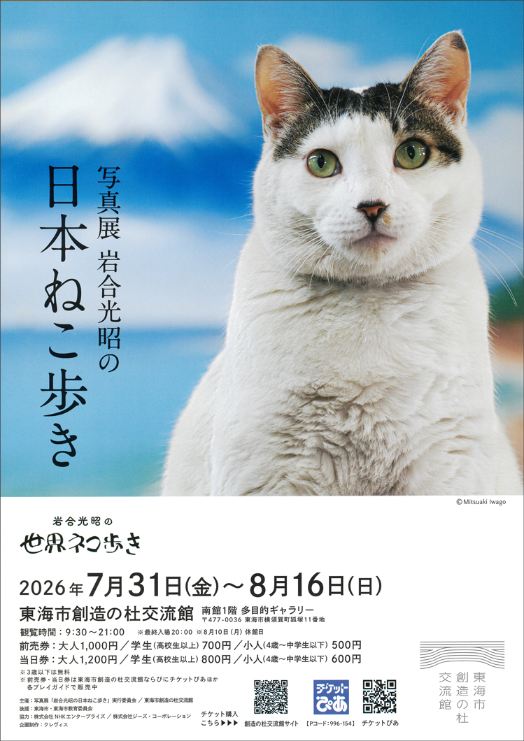 nihonnekoaruki's tweet photo. 写真展「岩合光昭の日本ねこ歩き」が愛知県東海市にある東海市創造の杜交流館にて開催中！！
本展は国内各地それぞれの風土を背景に、ネコとヒトの暮らしぶりを紹介します。お気に入りの1枚を探しに来てください🐈
開催中～8/16迄
https://t.co/6tDRHmk0GZ https://t.co/ayvWfr3JKT