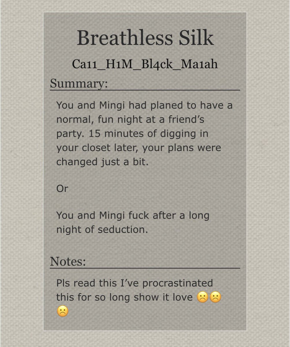 CamThetemp's tweet photo. Breathless Silk

Tags: Established Relationship, Foreplay, Anal Sex, Blow Jobs, Dom/sub Undertones, Sub Song Mingi, Bottom Song Mingi, Top Reader-Insert, Xlov is also there, Party, Drinking

 https://t.co/Y862jWtFED https://t.co/0JViJ167j9