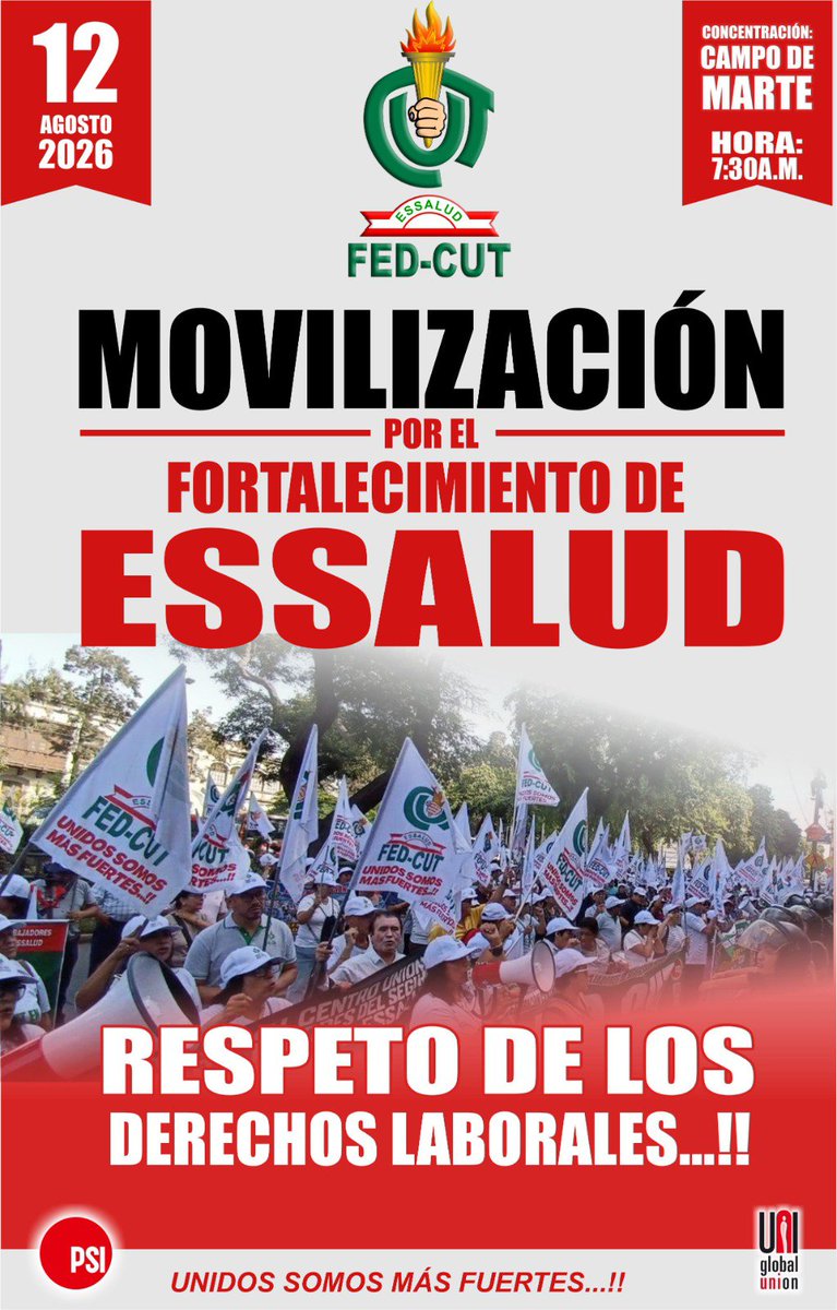 FedCut's tweet photo. Este 12 de agosto alzamos la voz en defensa de la seguridad social y la dignidad laboral.
​📌 MOVILIZACIÓN NACIONAL
Por el fortalecimiento de ESSALUD y el respeto irrestricto de nuestros derechos laborales.
​📅 Miércoles 12 de agosto
⏰ 7:30 a. m.
📍 Campo de Marte
​
​#FEDCUT https://t.co/iYElVyVEh0