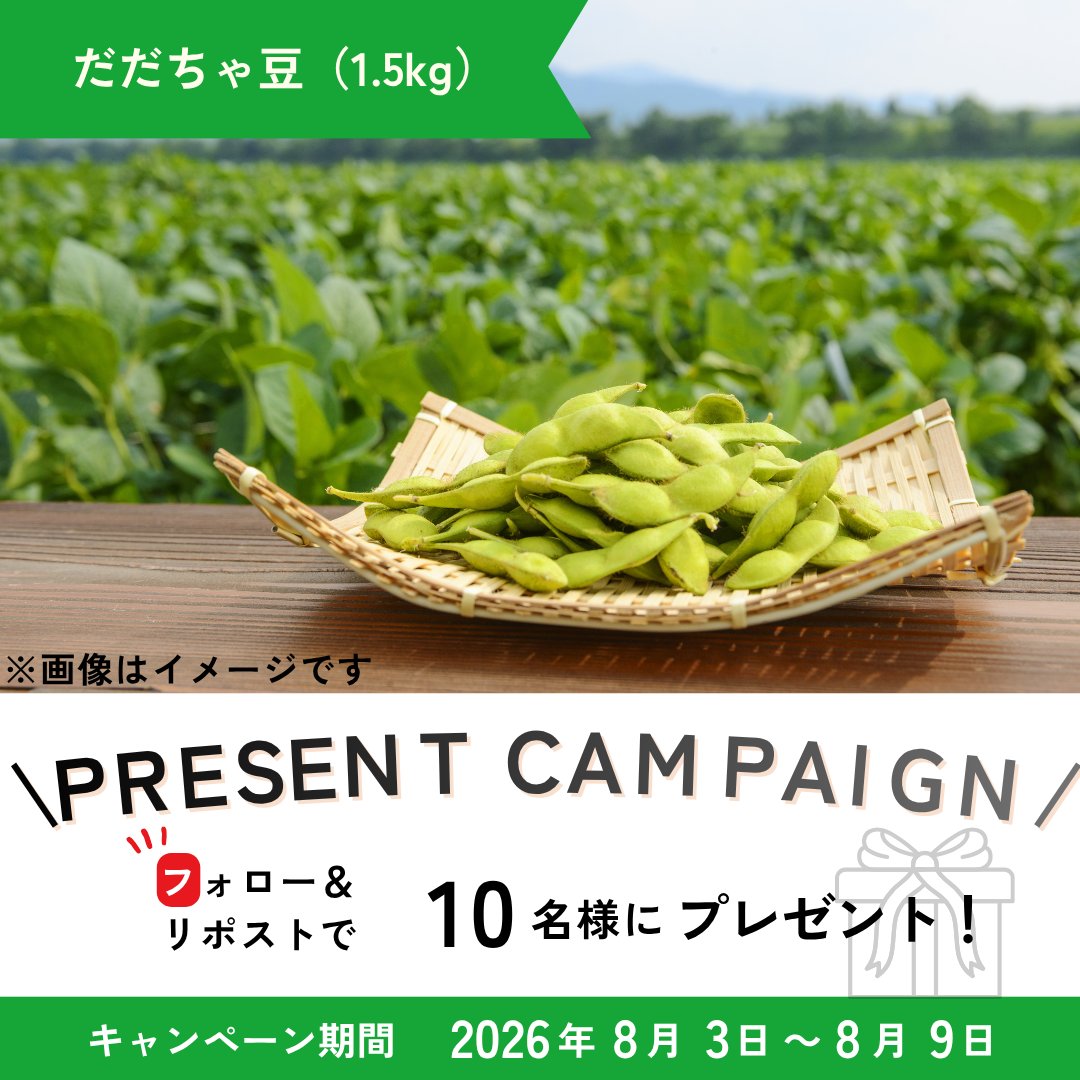 jagroupyamagata's tweet photo. 🎁お知らせ🎁
「だだちゃ豆（1.5kg）」が抽選で当たる！

だだちゃ豆は山形県鶴岡市で栽培される、江戸時代から受け継がれてきた在来種の枝豆です。
コクのある甘さと香りが癖になり、食べる手が止まらない…💚
暑い夏にぴったりのだだちゃ豆をご堪能ください♪

【応募方法】
①@jagroupyamagataをフォロー
②この投稿をリポスト🔃
【当選発表】
2026年8月10日(チャットにて)