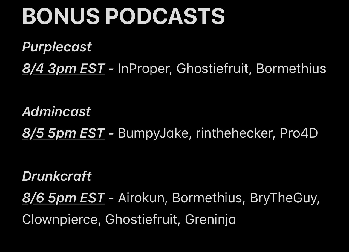 Bormethius's tweet photo. MONEY SMP PODCASTS ARE NOT DONE!!!
Tuesday, we will have the purple team
Wednesday, we will have the admins
Thursday will have drunkcraft !!! 

Bormethius is so back; I hope to see yall there!!! https://t.co/ueNK24tjT7