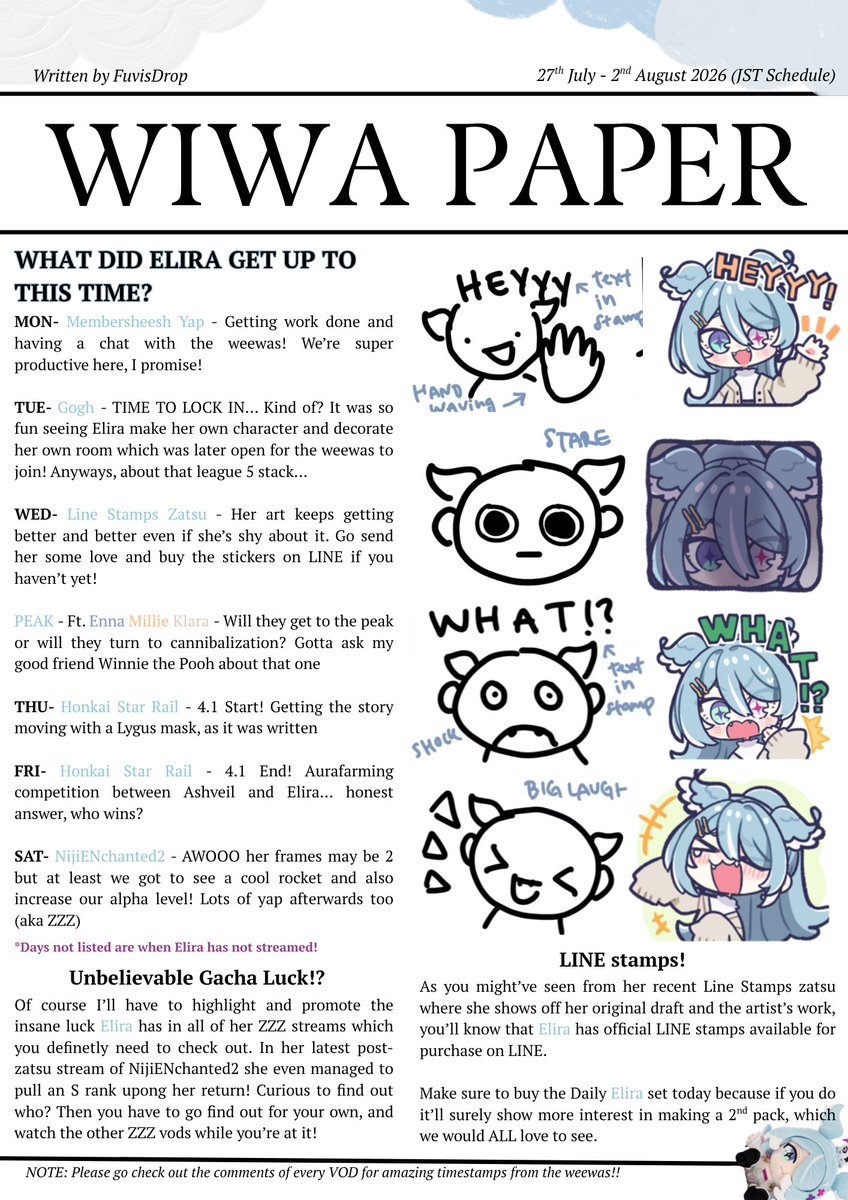 fuvisdrop's tweet photo. A Masterpiece🎨🧑‍🎨
[27th July - 2nd August 2026, (JST SCHEDULE)]

Newest issue for the week is here! How many streams did you attend? Did you buy your LINE stamps already? If so, then you better tell me your favorite because I just love them all so much!
#WIWAPAPER #EliraPendora https://t.co/v7ueBHYztJ