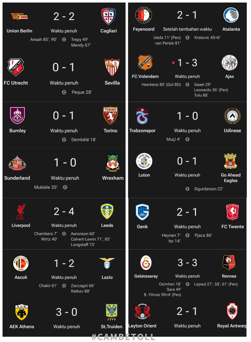 CAMBETOLLL's tweet photo. 🗣️ UPDATE HASIL PERTANDINGAN #CLUBFRIENDLY /#PRASEASON 

Liverpoll dan atalanta sama sama mengalami kekalahan.

Ajax, sunderland dan torino full senyum

Ya namanya pertandingan pemanasan.

Dah itu saja.. https://t.co/2yual1a1JG
