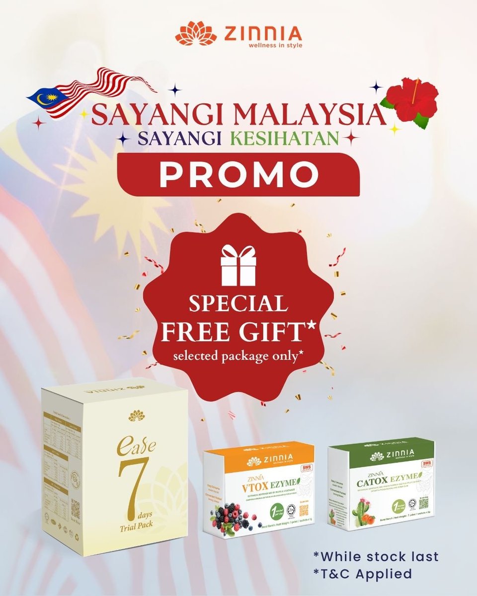 Zinniaglobal's tweet photo. Sayangi Malaysia, Sayangi Kesihatan. 

Let's celebrate our nation by making your health a priority.

Enjoy our Sayangi Malaysia, Sayangi Kesihatan Promo and receive a
FREE Gift with selected packages.*

Shop now and celebrate with better health. 

*While stocks last.
*T&amp;C apply. https://t.co/gwy5c2uFZ1
