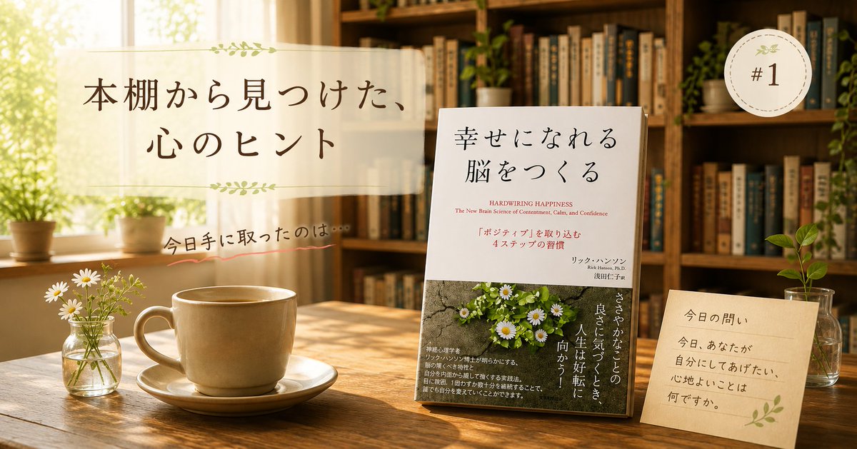 SATAKA3's tweet photo. 本棚から見つけた、心のヒント①『幸せになれる脳をつくる』リック・ハンソン 著｜佐高 葵月代 #読書記録 https://t.co/3tZ4V9qyzn 
本から受け取った気づきや、日々の暮らしとのつながりを綴っていく新シリーズ「本棚から見つけた、心のヒント」を始めました。 https://t.co/5fgk7jMOTT