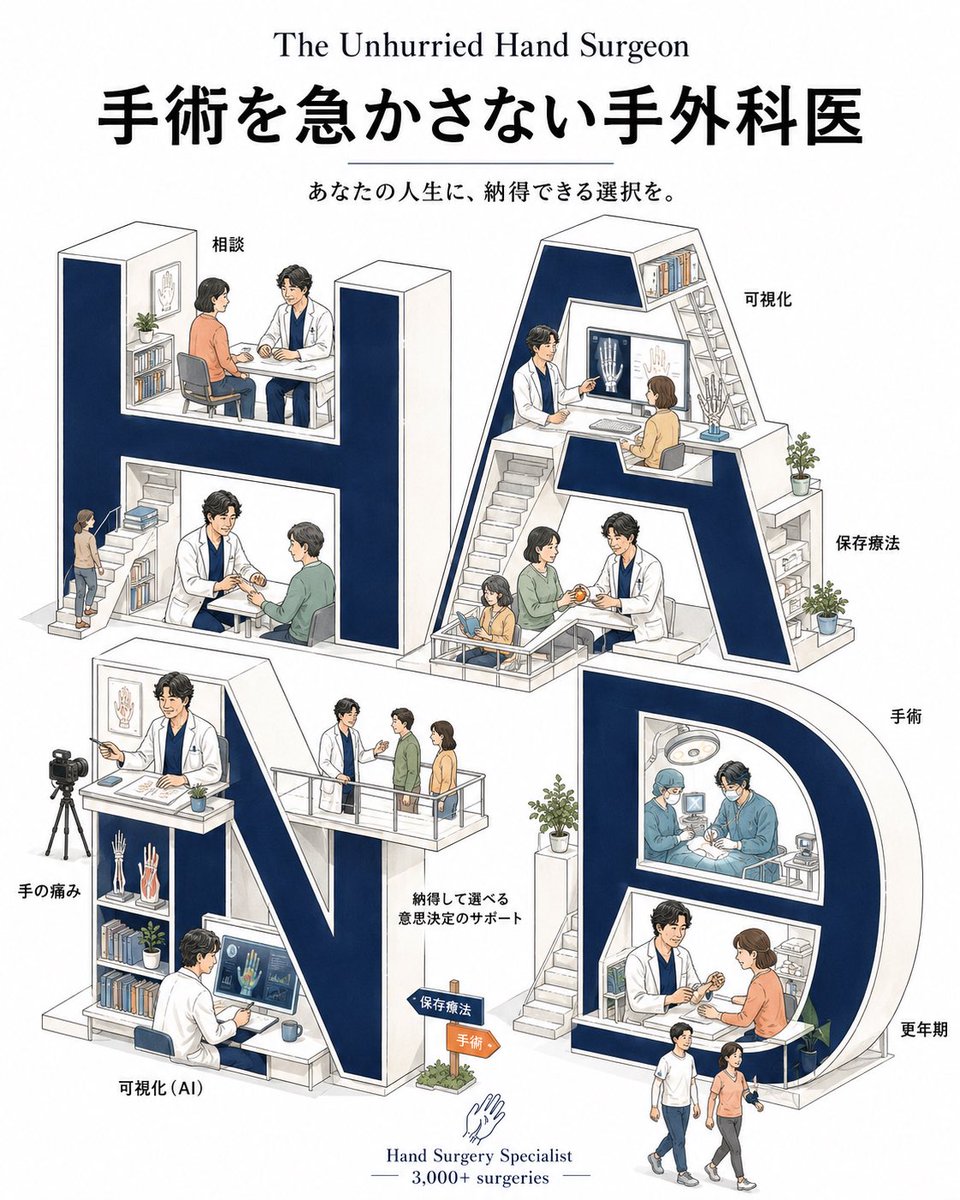 TrustTheHand110's tweet photo. 素敵なプロンプトを使わせていただき、
「手術を急かさない手外科医」の世界を
巨大な仕事場として表現できました。

遠くでは「HAND」、
近づくと小人たちが診察や説明をしていて、
細部まで見たくなるポスターになりました。

無料公開ありがとうございました😊
Xのサムネにも使用させていただきます。