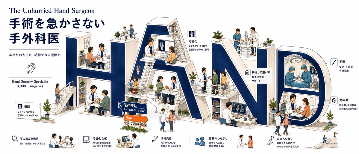TrustTheHand110's tweet photo. この素敵なプロンプトを使わせていただき、
「手術を急かさない手外科医」の世界を
巨大な仕事場にしてみました。

遠くから見ると「HAND」。
近づくと、診察・説明・保存療法・手術・発信まで、
小人たちがちゃんと働いています😊

無料公開ありがとうございました。
Xのサムネにも使わせていただきます。