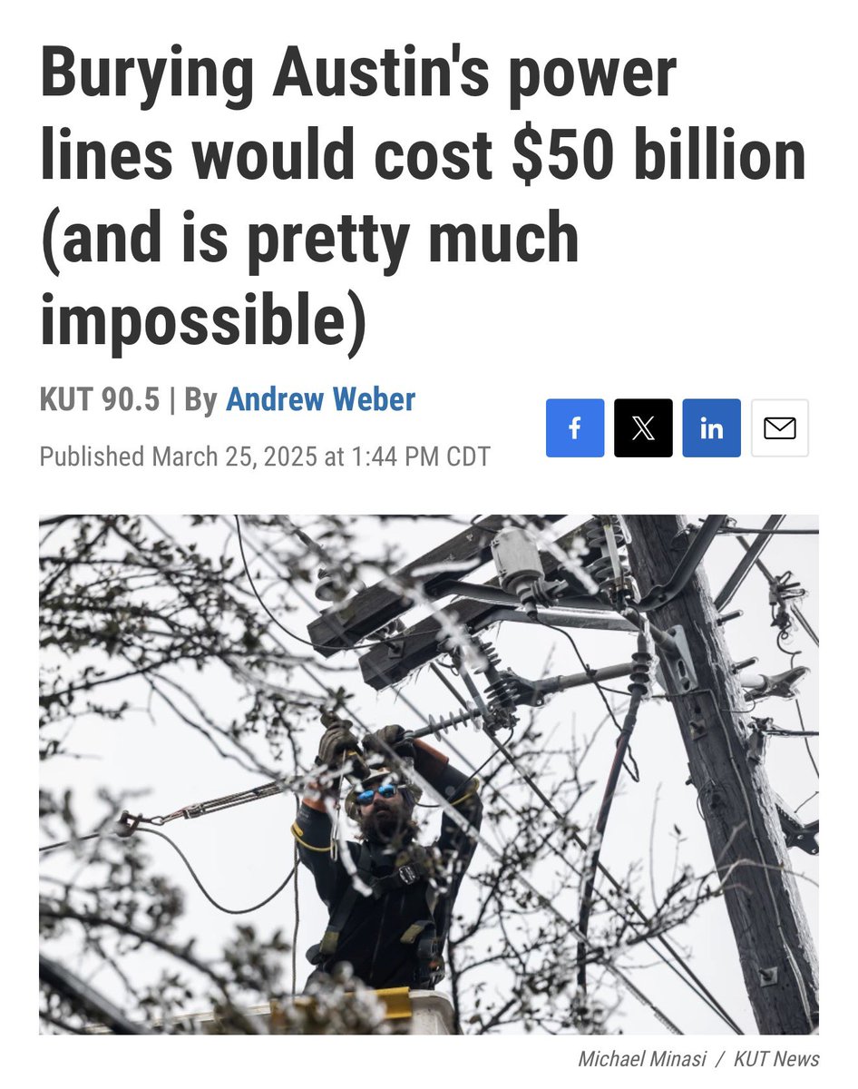 YIMBYLAND's tweet photo. Austin did a study last year to find out how much it would cost to bury all of our old power lines. Answer? 

$50 BILLION

It’s such a depressingly large number that it’s basically a non-starter. https://t.co/iV0dbTkiU9
