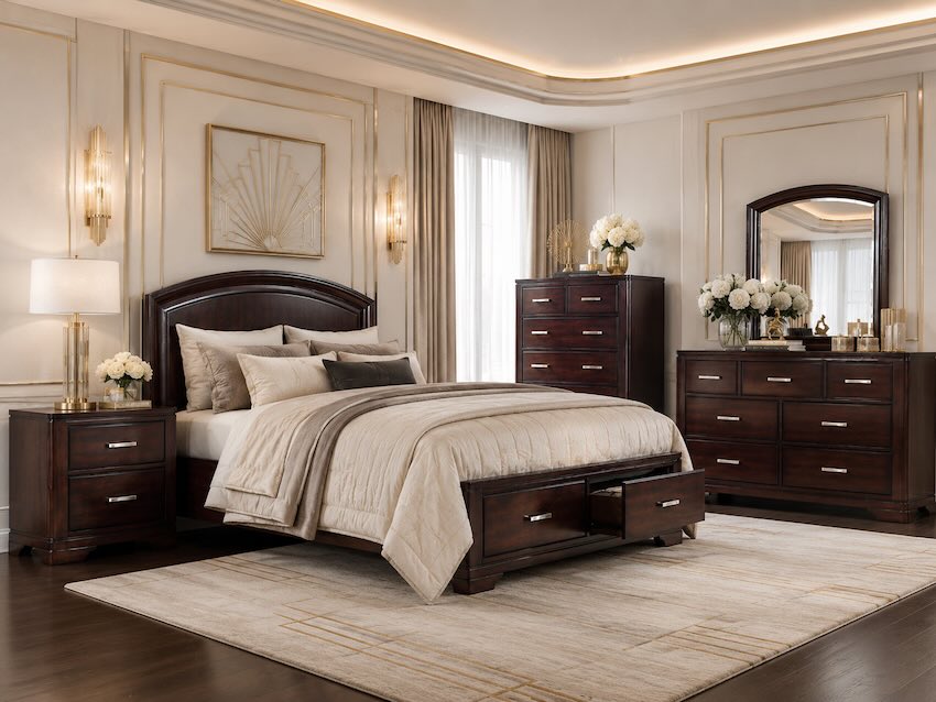 DallasFurn's tweet photo. Meet the Hudson Art Deco Inspired Bedroom Set in Cherry. ✨

Featuring hardwood construction, a storage footboard, dovetail drawers, ball-bearing glides, and polished chrome-tone bar pulls.

Free local DFW delivery and nationwide delivery available.

https://t.co/1UfprBdybG https://t.co/uC3R8JAk3V