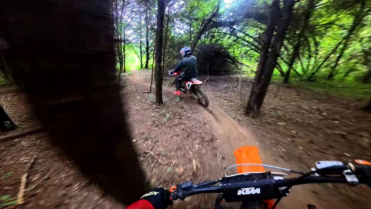 RTiPower's tweet photo. Premix in the air, wet leaves under the tires, and orange plastic flashing between the trunks. Some smells and sounds belong exclusively to a woods ride. 🌲🟧 #Premix #TwoStrokeSound #KTM https://t.co/MvLpF91ri6
