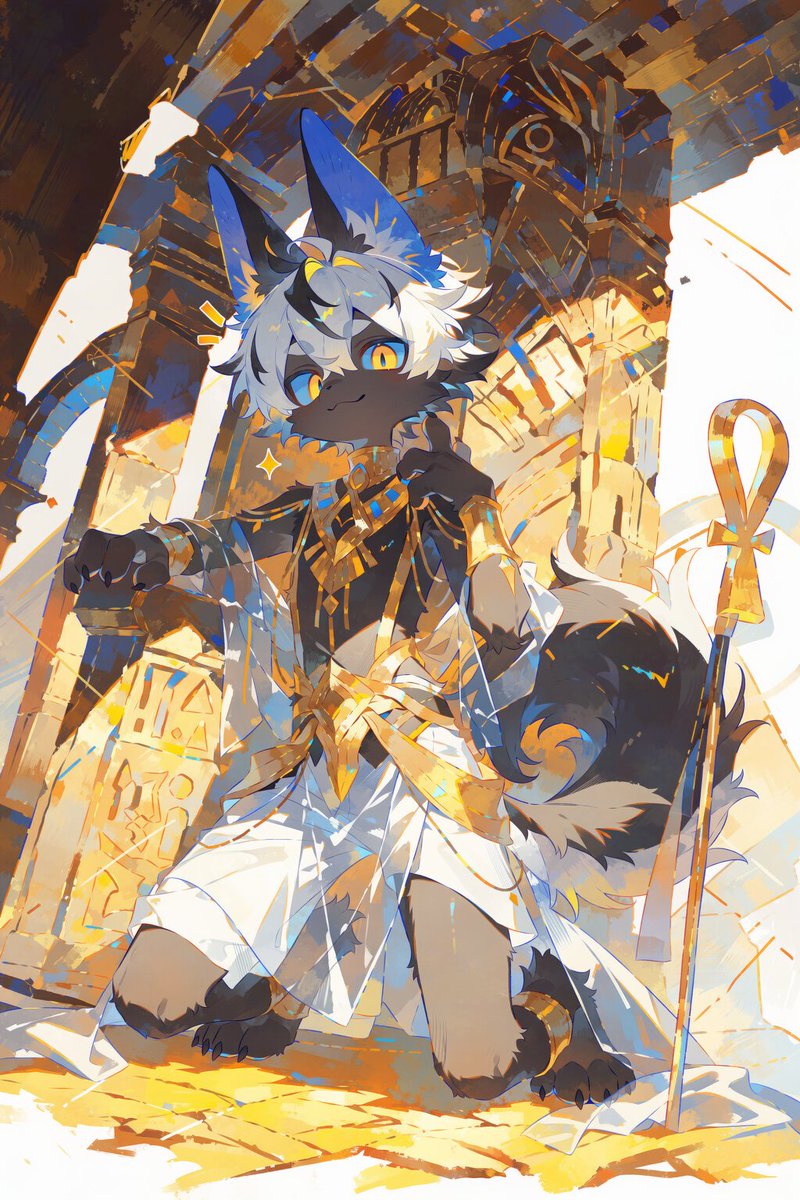 wanjumiao65535's tweet photo. エジプト神話のアヌビスをモチーフにしたキャラクターデザインです。
Made with NovelAIDiffusion V5 https://t.co/xa2Yvu75Iz