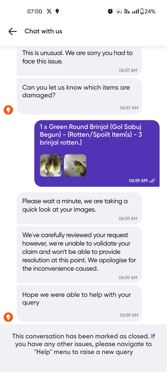 luckyravan's tweet photo. @Swiggylndia @Swiggy  Received totally rotten Brinjal. I didn't understand what did the team reviewed and unable to resolve. 
This has happened a few times still noway to claim the solution.
So poor service in Bhubaneswar,Odisha.

#fraud https://t.co/SJl5JgM3Y9