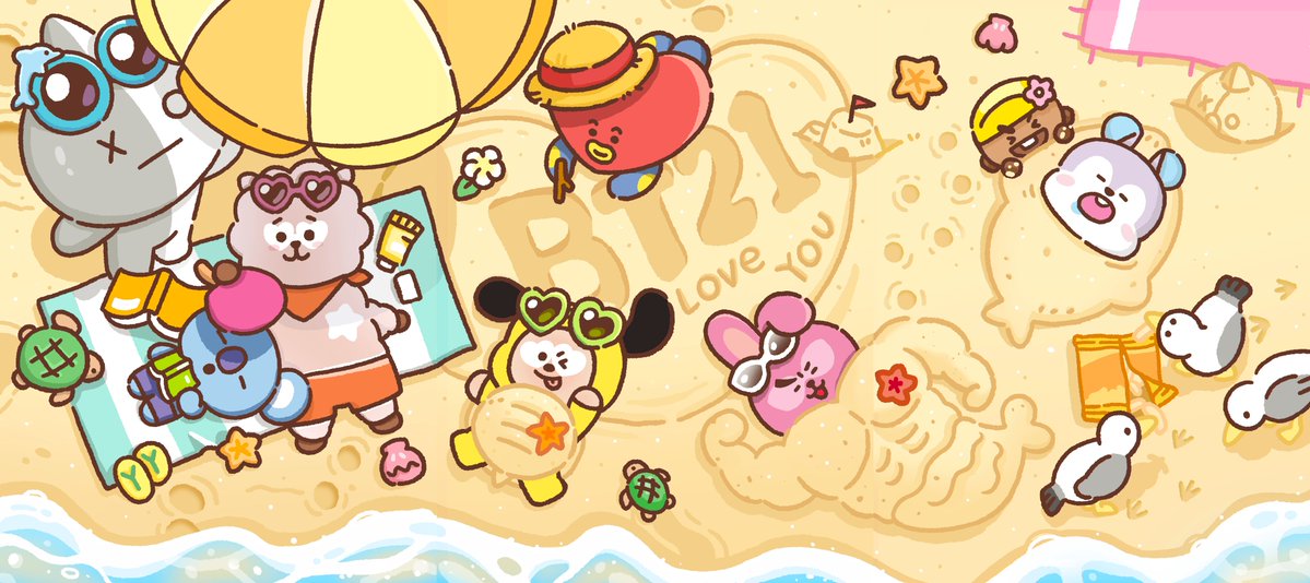 BT21_Japan's tweet photo. 砂浜の作品完成！！😏✨

#BT21 #KOYA #RJ #SHOOKY #MANG #CHIMMY #TATA #COOKY #Beach https://t.co/XA9f85sCdB