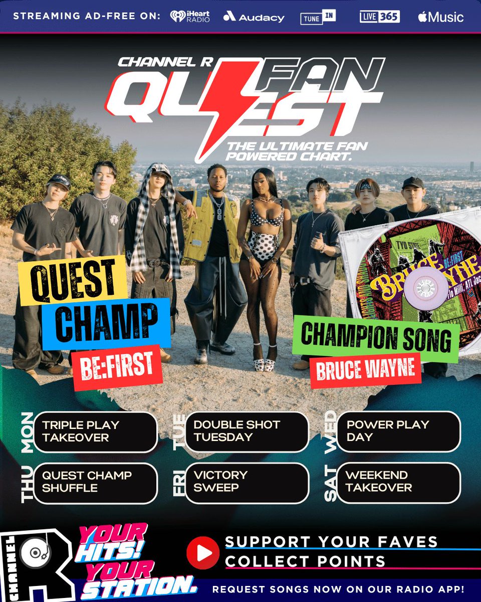 channelrradio's tweet photo. 🏆 WE HAVE A QUEST CHAMP! 🏆
BE:FIRST takes the crown on #ChannelRFanQuest ⚡🔥

Your power moves made it happen — and now it's time to celebrate 🎶
Tune in for a special #BE:FIRST mix NOW to close out the Fan Quest Countdown.

Listen here 👉 https://t.co/zUfX5ruUVT https://t.co/bivmJap4Sk