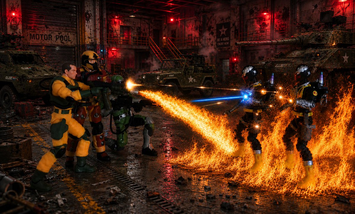 BigRedHead82's tweet photo. Narrator: I remember it as if it was yesterday. Dial-Tones voice came suddenly over the loudspeaker as the base went on red alert and the alarms began to blare.

Dial-Tone: (Over the loudspeaker) CODE RED! ALL JOES TO BATTLE STATIONS! CODE RED! ALL JOES TO BATTLE STATIONS WE ARE UNDER ATTACK!

Narrator: The attack was sudden and fast. An army of Cobra B.A.T.s was assulting the Pit. But these B.A.T.s where not like the ones we battled all those years ago. These were different, Cobra had upgraded them. Tougher to put down, heavily armored and seemed more intelligent then the original Battle Android Trooper.

Narrator: No, armor, no aircraft, just B.A.T.s. they overwhelmed our base defenses to the point we had to send out a call for reinforcements. However, we quickly realized the Pit was not Cobras only target that day. The Flag had been sunk and the Slughter House was destroyed. 

Narrator: we fought as hard as we could, but no matter how many B.A.T.s we destroyed more kept coming. Many Joe's fell that day. My brothers and sisters in arms... gone.

Narrator: I was in the Dojo training when the alarm went off. I rushed to the elevator and made it the 6th floor before the elevator shut down. I got the doors open to climb out of the elevator only to find myself near the Mess Hall and see Shipwreck killed at the hands of a B.A.T. I avenged my friend by taking the metal monsters head. 

Narrator: I fought my way up to the motor pool on the 2nd level. I watched Airtight, Blowtorch and Sci-Fi doing their best to push back the B.A.T.s, but they just kept coming. I joined the fight, but Sci-Fi. Flint, Roadblock, Gung-Ho and Bazooka came through door from the starewell opening heavy fire on the B.A.T.s. 

Narrator: Flint ordered me to get outside to help General Hawk and the others. Flint said they had it under control.

Narrator: I still lay awake at night wondering if I had disobeyed his orders and stayed. Maybe they would all still be alive.

Narrator: I made it the main gate, where General Hawk, Beach head, Shockwave, Hit n Run and Law were making a last stand. The main force of B.A.T.s was closing in on their position. I tried to reach them, I fought through so many B.A.T.s to reach them. But I was to o late.

Narrator:... I was too late... 

Location: Cobra Island, Terrordrome command center.

Cobra Commander: VICTORY DESTROY! I have finally beaten G.i. Joe! 

Destro: I would not be so quick to celebrate Cobra Commander. The Joe's have a long history of snatching victory from the jaws of defeat.

Dr. Mindbender: Impossible! this time Destro, my new Battle Android Troopers are the pinnacle of modern robotics, they are unstoppable.

Destro: I have no doubt in the quality of your work Doctor. I am however, not ready to claim victory untill we can confirm G.i. Joe has been completely destroyed.

To Be Continued...

Is this truly the end of G.i. Joe? Who is the teller of this tale? Has Cobra finaly won? Join us next time for these answers and more in the next exciting episode of G.i. Joe A Real American Hero Classified.

#GiJoe #GiJoeClassified