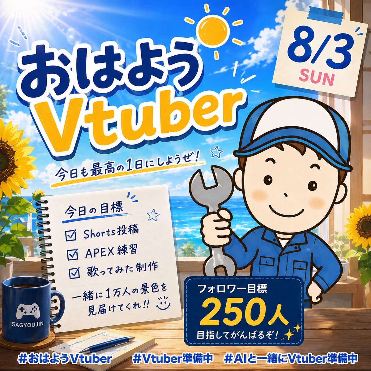 sagyo02's tweet photo. 🏖️#おはようVtuber🏖️

8月始まったぞーーー‼️‼️‼️
これからたくさん楽しいことあるぞー‼️（全然予定ない）

みんなは夏休みとか連休とか
なにするんだ‼️‼️‼️
教えてくれ‼️‼️

俺はひたすら録音しまくるぜ‼️‼️
オラァー‼️‼️暑さに負けない‼️‼️

🏝️#8月のVtuberフォロー祭り🏝️ https://t.co/e815Mvxoy3