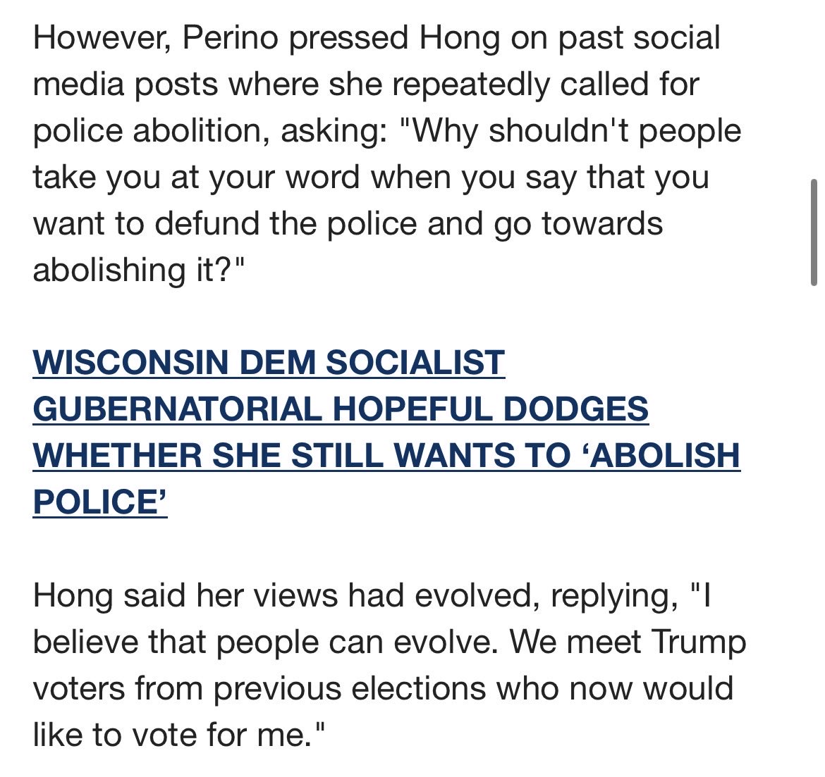 SwannMarcus89's tweet photo. Francesca Hong went on Fox News (which was an insane political decision) and they presented her with police abolition tweets she made, after which she claimed a lot of Trump voters are supporting her

This was a) an idiotic idea when you haven’t even deleted the police abolition tweets, b) ridiculously disingenuous when you yourself are still talking out of both sides of your mouth on this issue, and c) utterly delusional, since virtually no Trump voters will jump party lines for Hong

Her only hope is that enough low-propensity Republicans don’t show up, since she’d get annihilated in a presidential year. More broadly, in the first election where they were able to win primaries, socialists gave the Democrats a serial rapist, a cousin-fucker, and a supporter of police abolition. 

Even if the Dems pull this out due to the national environment/Trump being a psychopath and some great swing state candidates (all of whom were Chuck Schumer picks, not DSA people), they are fucked long term because for the first time in my life the GOP is going to have an advantage when it comes to candidate quality in the not-too-distant future. Given the GOP’s geographical advantages, if the Dems actually start running *worse* candidates than the Republicans, this might be the last time they have a chance to retake the senate for the next several decades