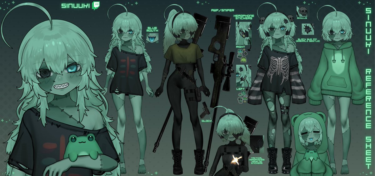 sinuuki's tweet photo. Official Sinuuki Ref Sheet!💚 ₊˚⊹⋆

I’m a silly zombie with only one brain cell left. I like to draw, yap and play horror games! ₊˚⊹⋆

💚 https://t.co/NaGOl3RuDO
🎨 Art tag: #sketchuuki 

Art and rig by me! ₊˚⊹⋆ https://t.co/dTFYSm5JMF