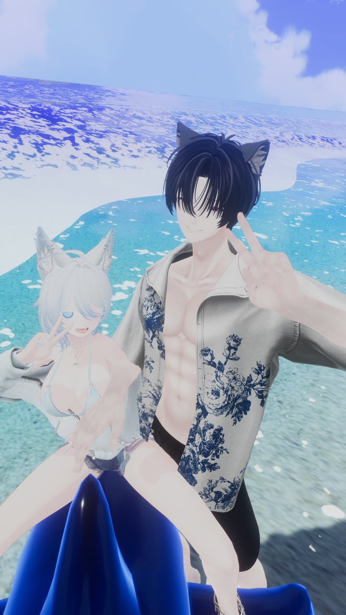 suzugami_VRChat's tweet photo. 最近暑いよね～
海ってめちゃくちゃ気持ちいいから最高！！
新しくお迎えした斑霞くん！
いい感じの夏改変できたからお写真撮ってきましたっ！！！ https://t.co/9Uu9Bcx4hc